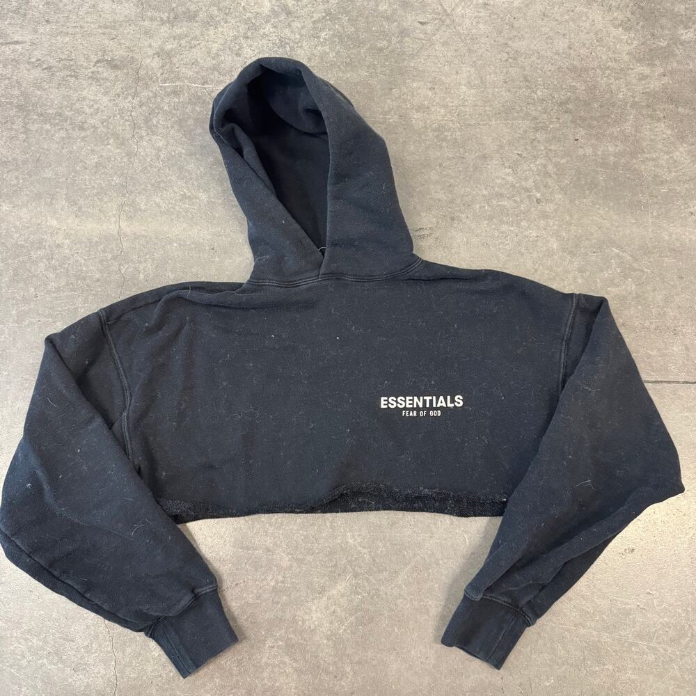 Vintage Y2k Essentials Black Cropped Hoodie Pullover Sweatshirt Women's Small
